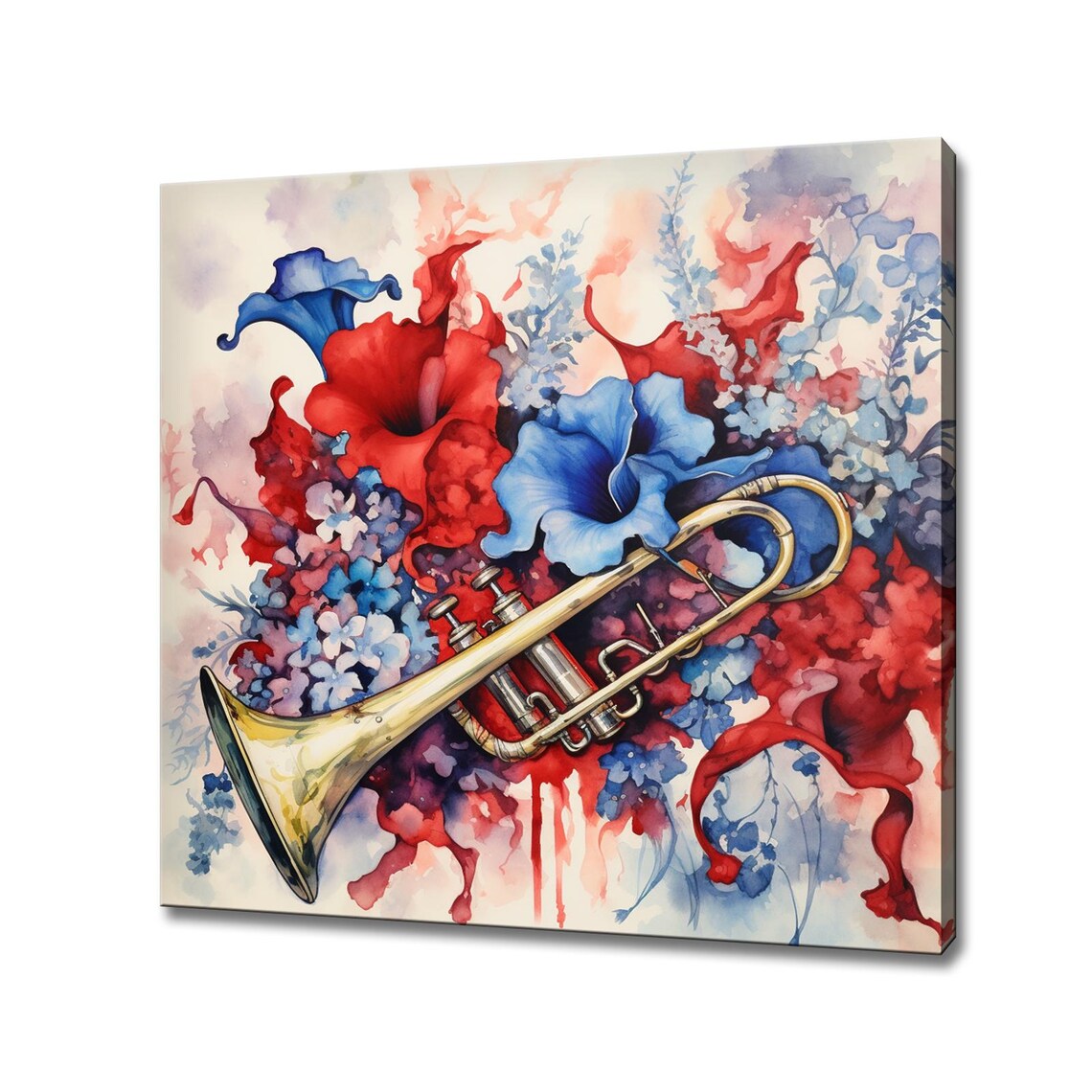 Golden Trumpet Watercolor Red Blue Flowers Brass Music Lover Art Print