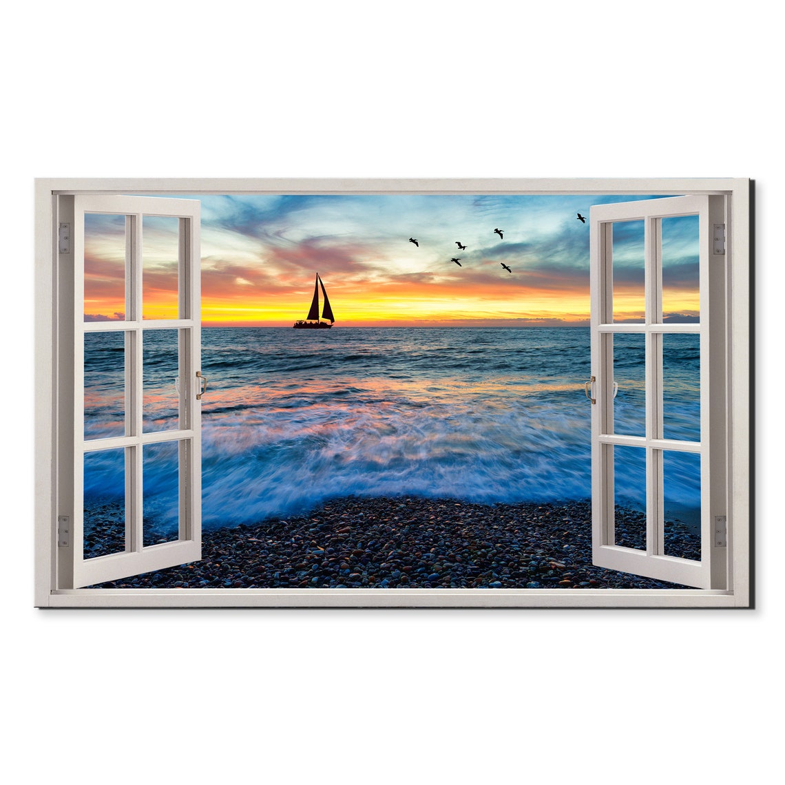 Sunset Sailboat At Sea Window View Pebble Beach Orange Sky Poster