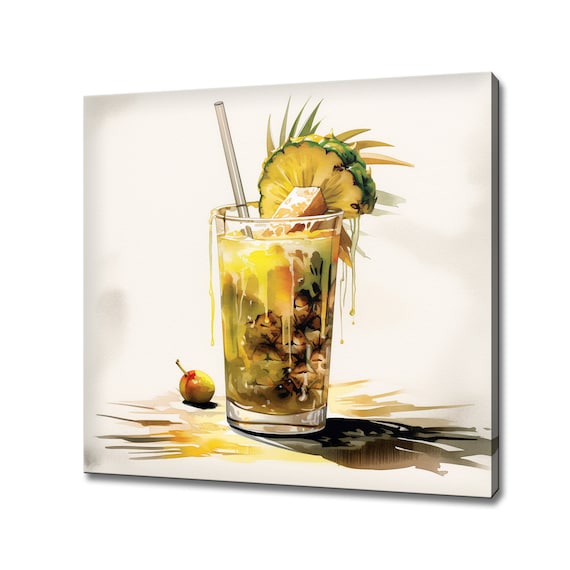 Tropical Pineapple Cocktail Tall Glass Watercolor Bar Wall Art Poster