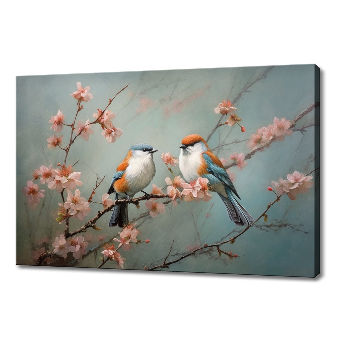 Two Colorful Blue And Orange Birds On Cherry Blossom Branch Poster