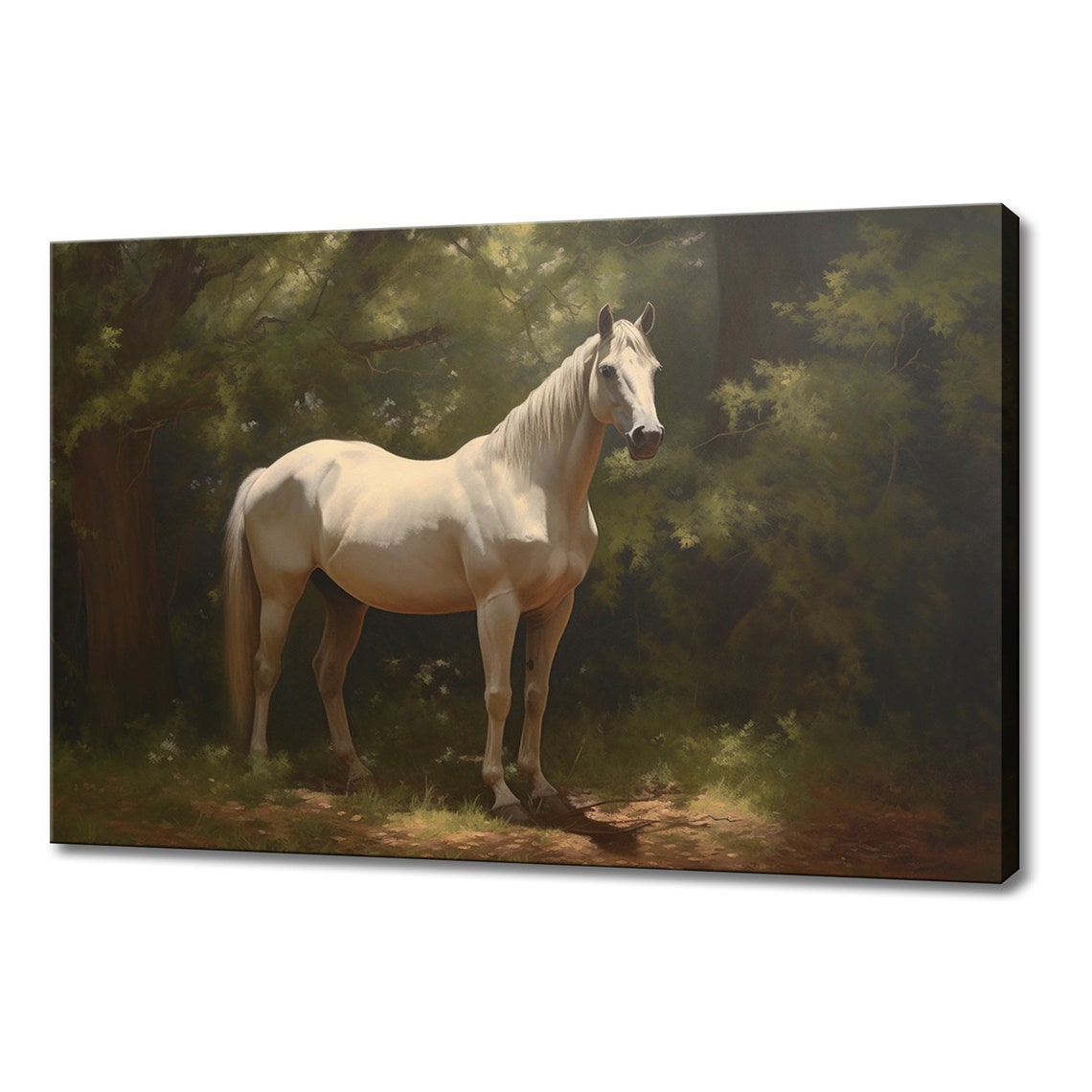 White Horse Standing Forest Clearing Classical Painting Wall Art Print