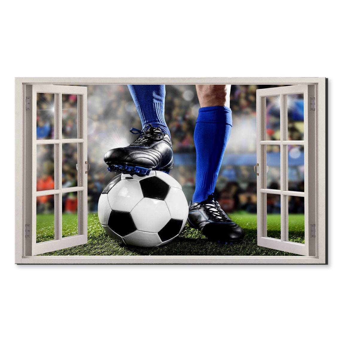 Soccer Player Kick Off Stadium Open Window View Sports Poster
