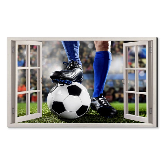 Football Soccer Player Kick Off Window View Window Frame Style Modern Design Home Decor Print Wall Art Picture Ready To Hang