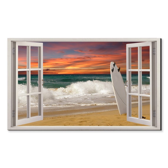 Surfboard On The Beach At Sunset Window View Window Frame Style Modern Design Home Decor Print Wall Art Picture Ready To Hang
