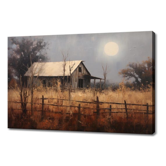 Moonlight Over Vintage Cottage Countryside Painting Style Print Farmhouse Decor Art Nature Picture Wall Hanging Fine Art Print