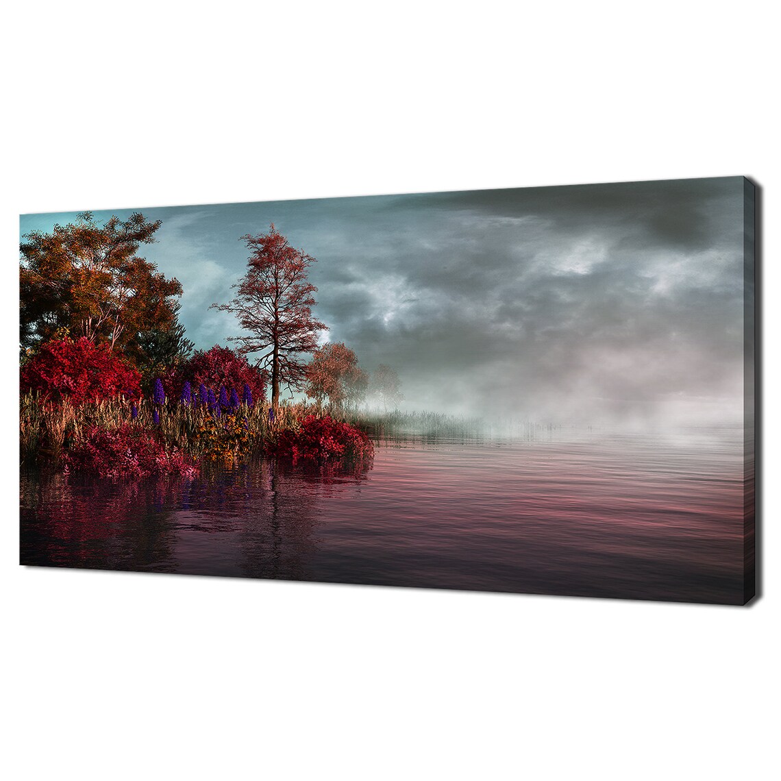 Misty Autumn Lake Shore Red Foliage Purple Blooms Foggy Morning Print