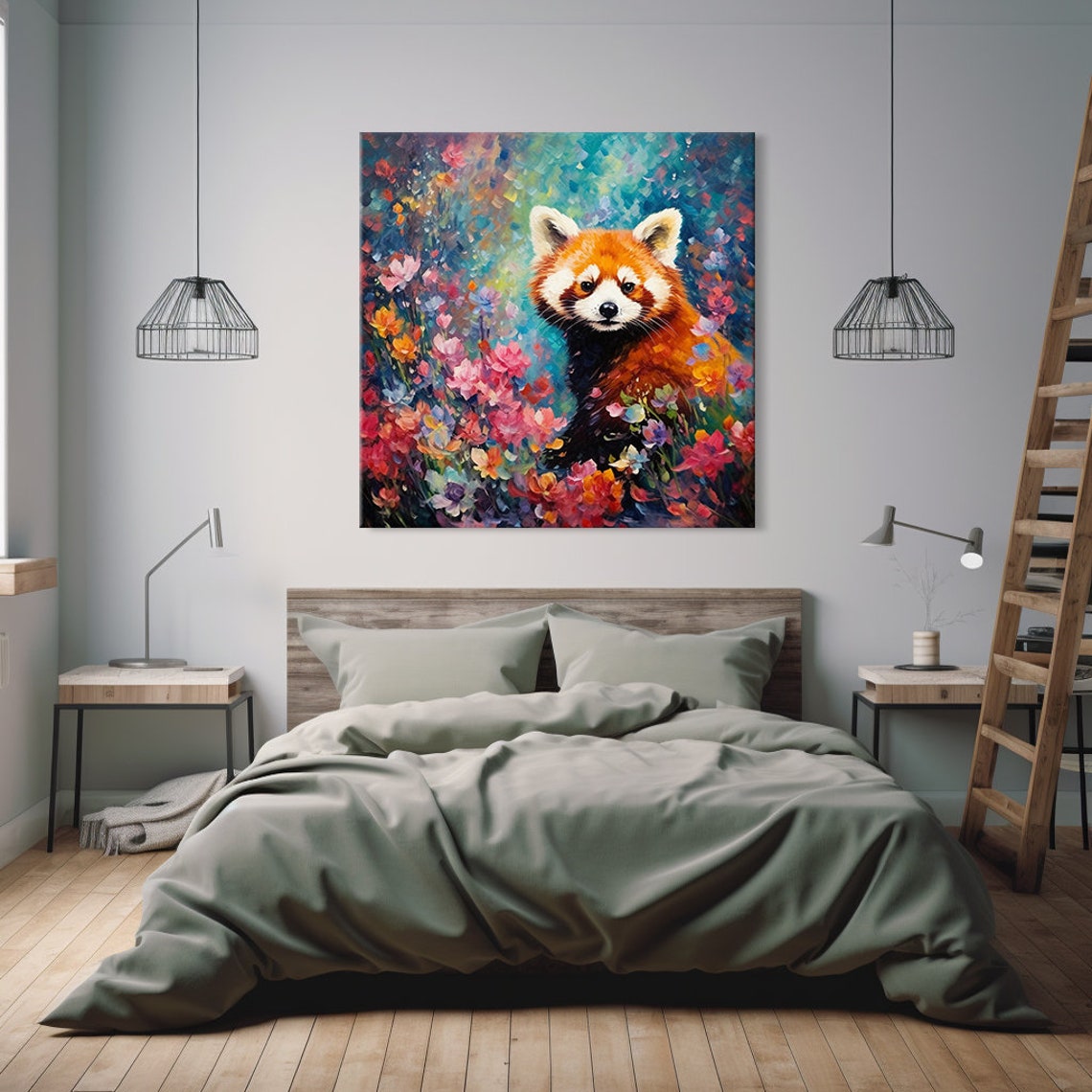Red Panda In Colorful Flower Garden Whimsical Portrait Painting Poster - Image 2