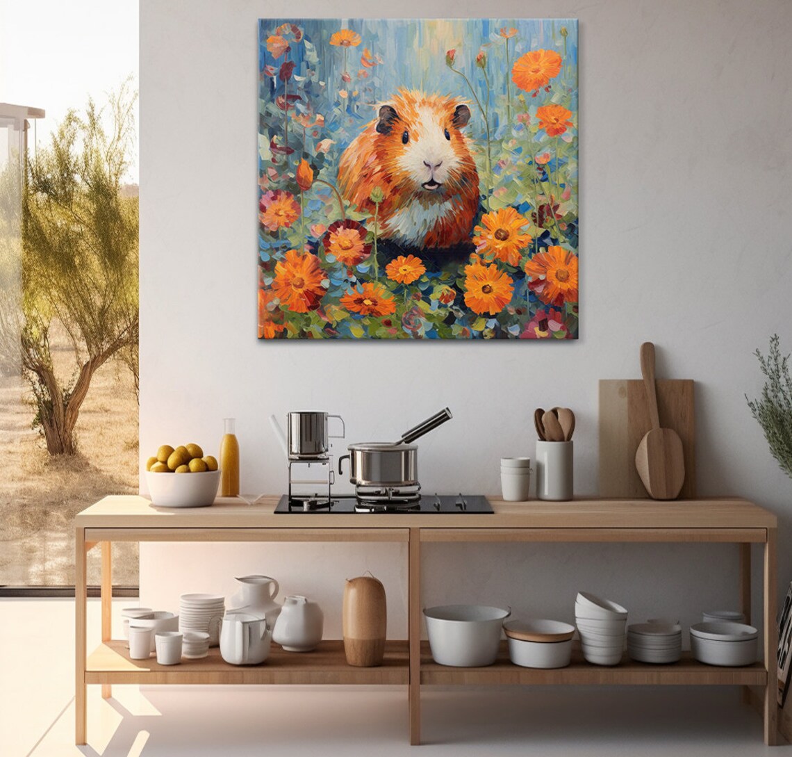 Guinea Pig in Flowers Field, Colorful Portrait Art Print - Image 3