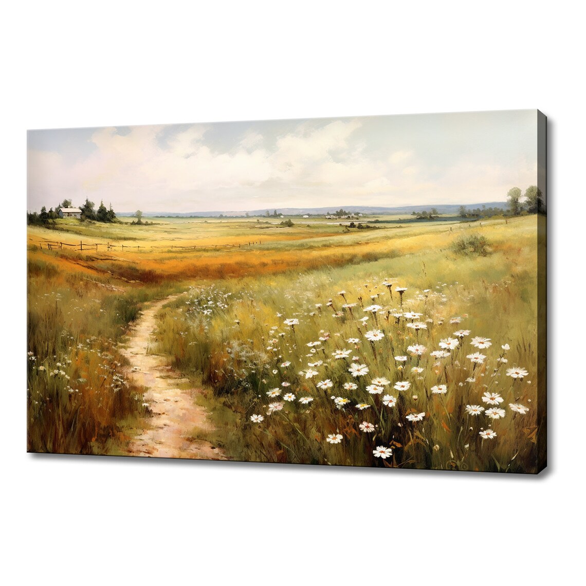 White Flowers Meadow Field Vintage Countryside Painting Style Print Farmhouse Decor Art Nature Picture Wall Hanging Fine Art Print