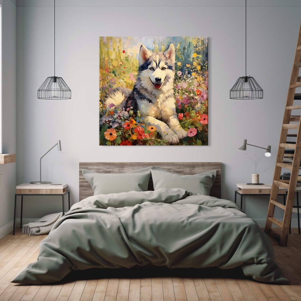 Husky Puppy Flower Meadow Portrait Impressionist Dog Wall Art Print - Image 2
