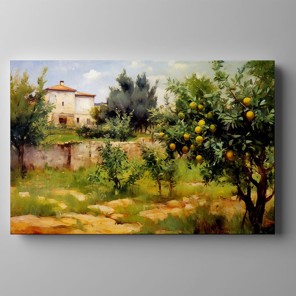 Lemon Tree Orchard With Old Farmhouse Vintage Oil Painting Wall Art - Image 3