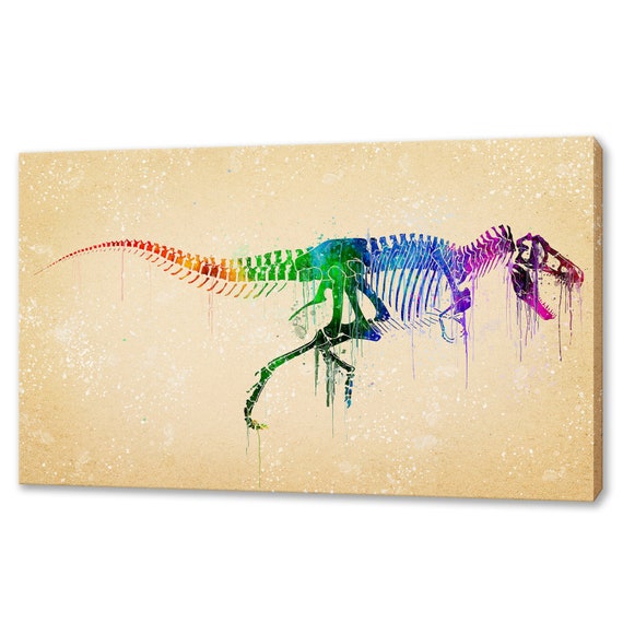 Tyrannosaurus Rex Skeleton Dinosaur Rainbow Colourful Watercolour Modern Design Kids Room Home Decor Print Wall Art Ready To Hang