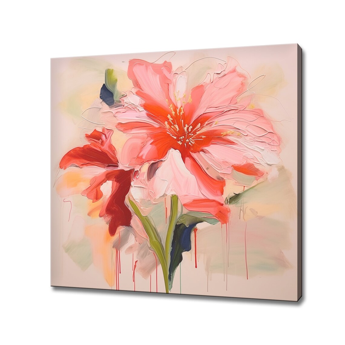 Coral Amaryllis Expressive Oil Painting Style Modern Floral Wall Art