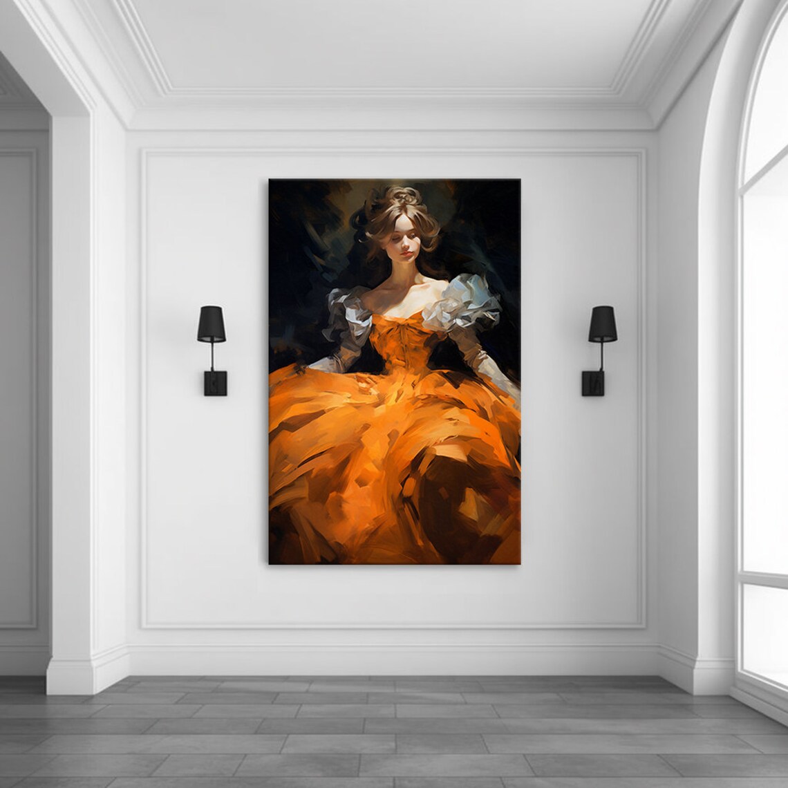 Elegant Lady in Burnt Orange Victorian Gown Fiery Fashion Art Poster - Image 3