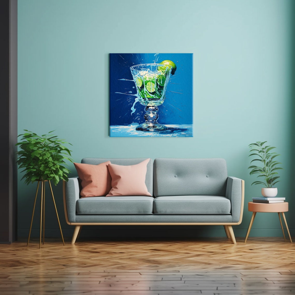 Green Lime Cocktail Glass Splash Blue Refreshing Drink Art Poster - Image 2