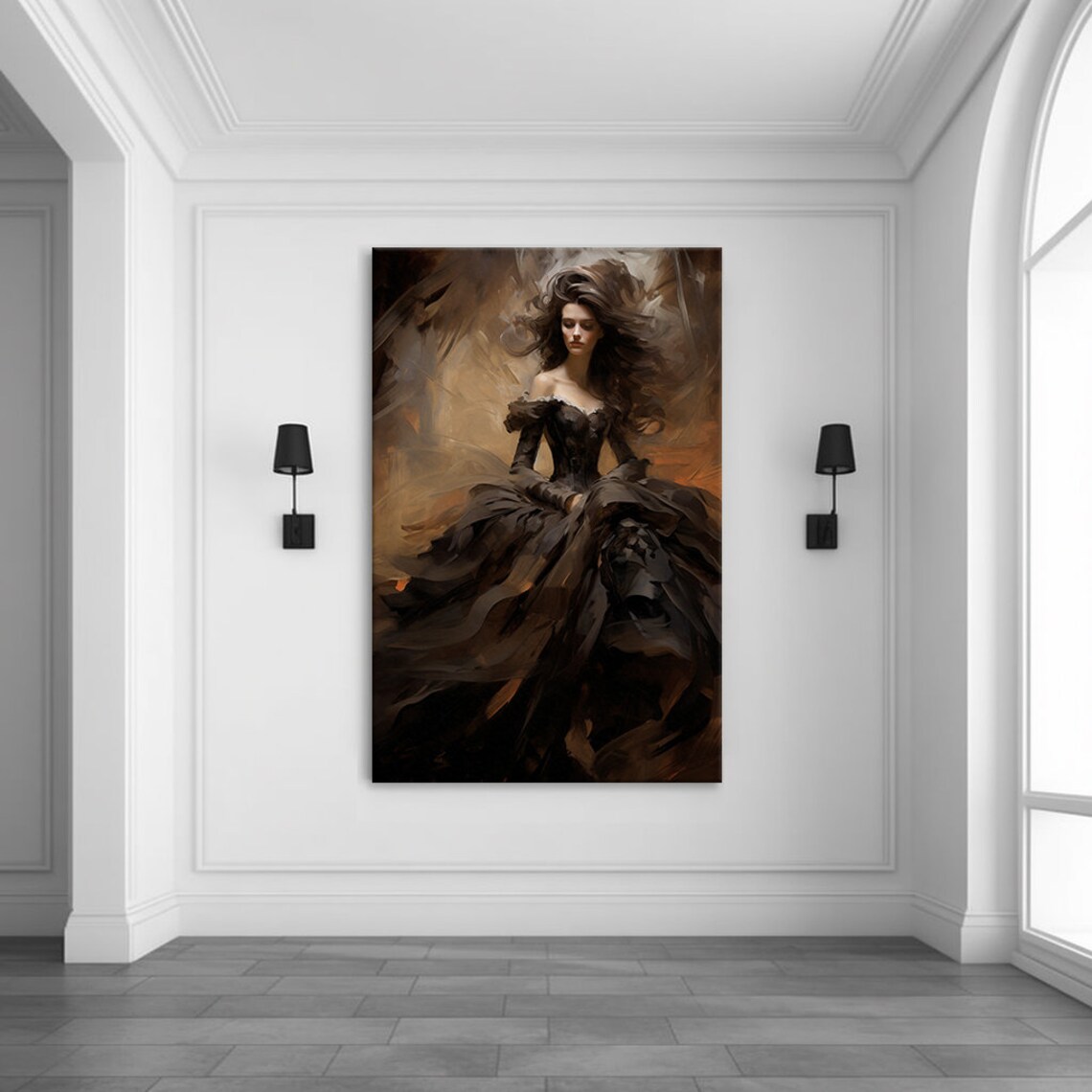 Elegant Lady in Dark Brown Victorian Gown Windblown Hair Beauty Poster - Image 3