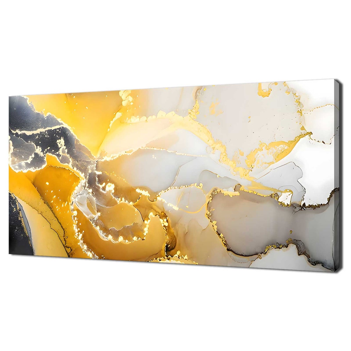 Black Grey Gold Marbled Abstract Ink Elegant Modern Decor Wall Art