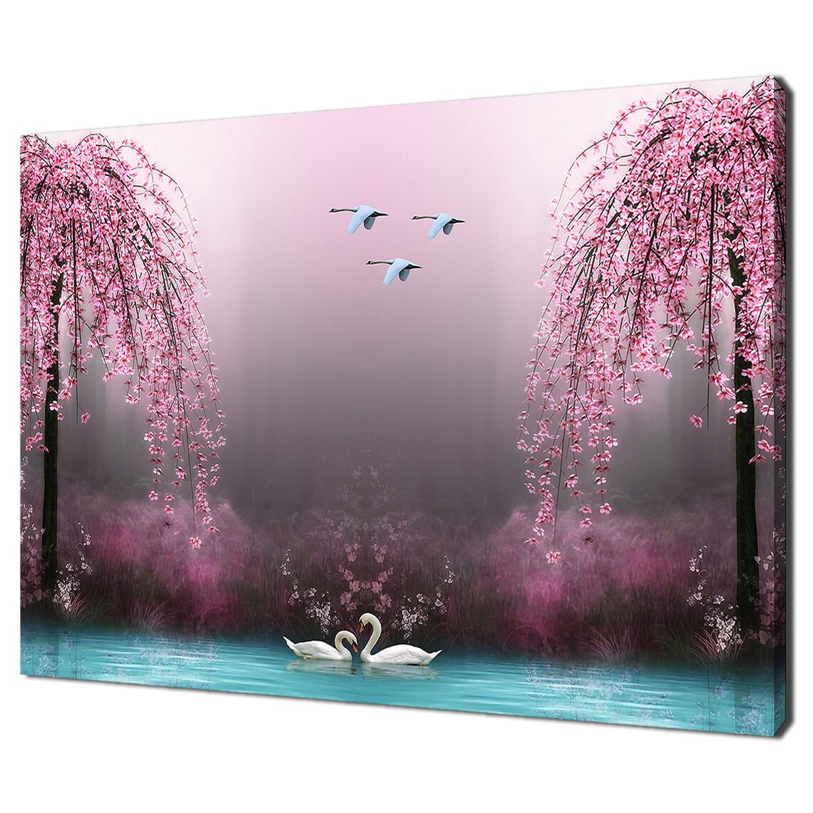Swans on Blue Lake, Pink Blossoms, Modern Art Print