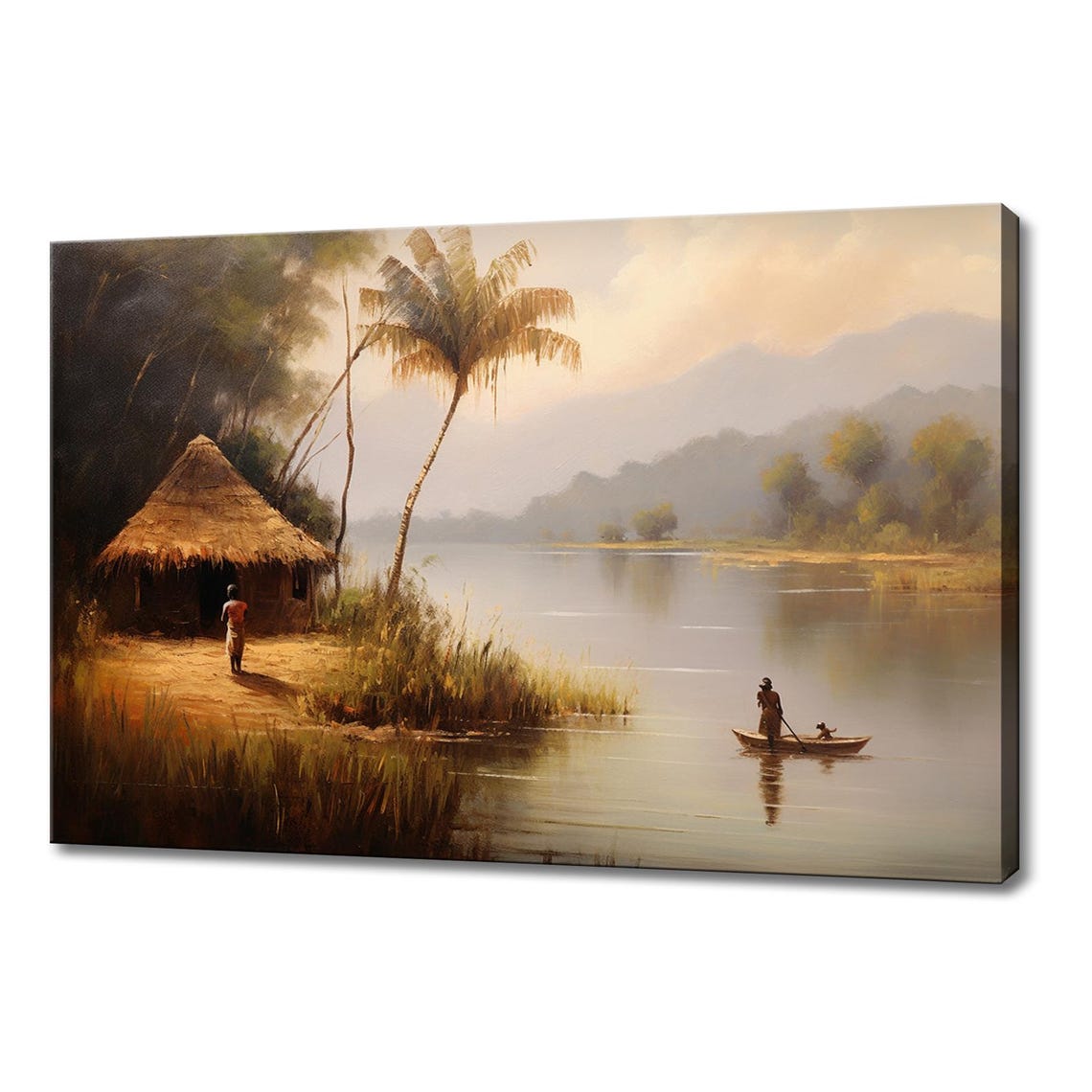Boat On The Lake In Africa Landscape Painting Vintage Style Print Farmhouse Decor Art Nature Picture Wall Hanging Fine Art Print