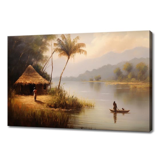 Boat On The Lake In Africa Landscape Painting Vintage Style Print Farmhouse Decor Art Nature Picture Wall Hanging Fine Art Print