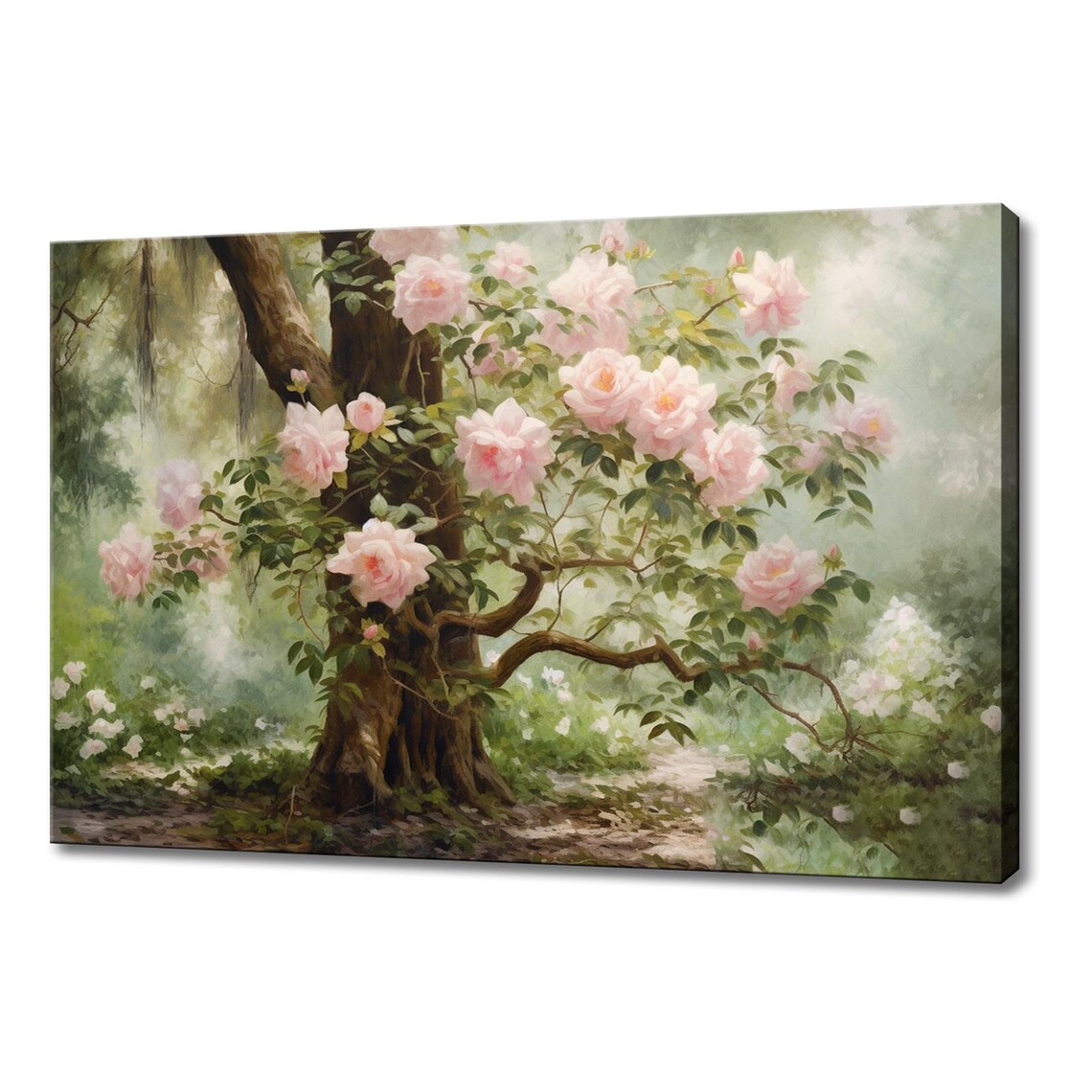 Pink Roses Climbing Tree Misty Garden Vintage Floral Painting Poster