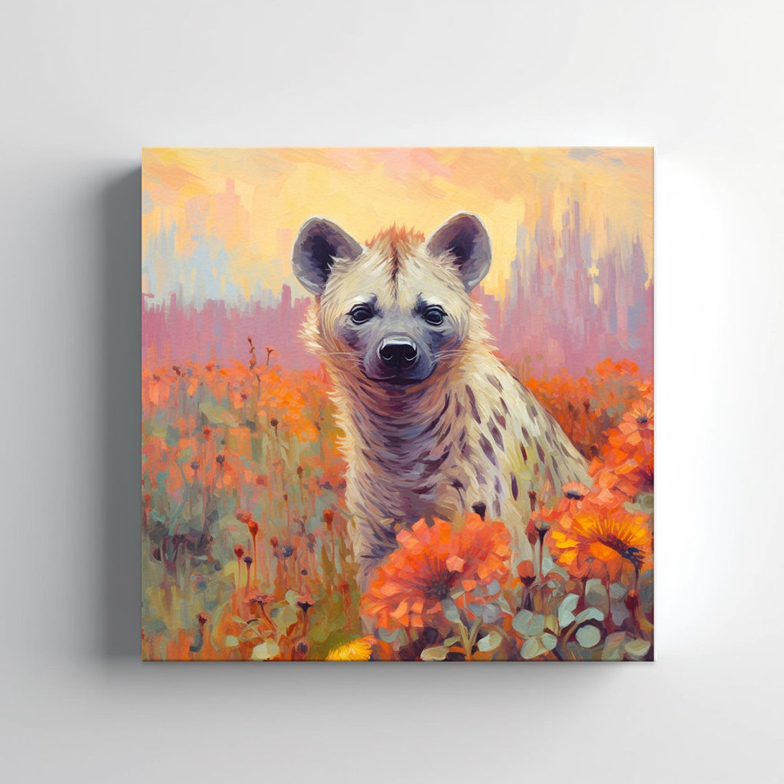 Spotted Hyena Pup Orange Wildflower Sunset Impressionist Art Print - Image 3
