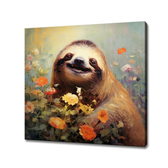 Smiling Sloth Orange Wildflowers Happy Colourful Woodland Animal Poster