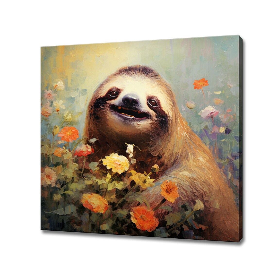 Smiling Sloth Orange Wildflowers Happy Colourful Woodland Animal Poster