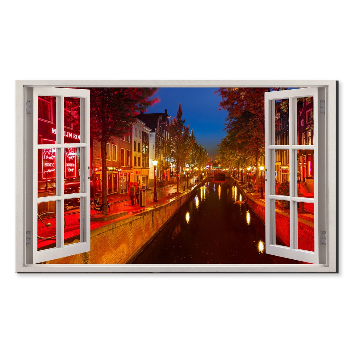 Amsterdam Canal At Night Red Light District Neon Reflections Poster