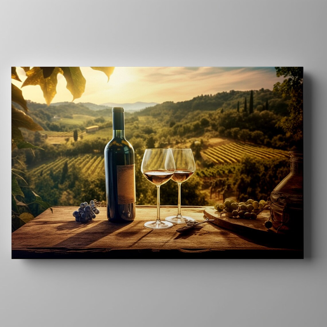 Wine Bottle Glasses Grapes Overlooking Tuscany Vineyard Hills Poster - Image 3