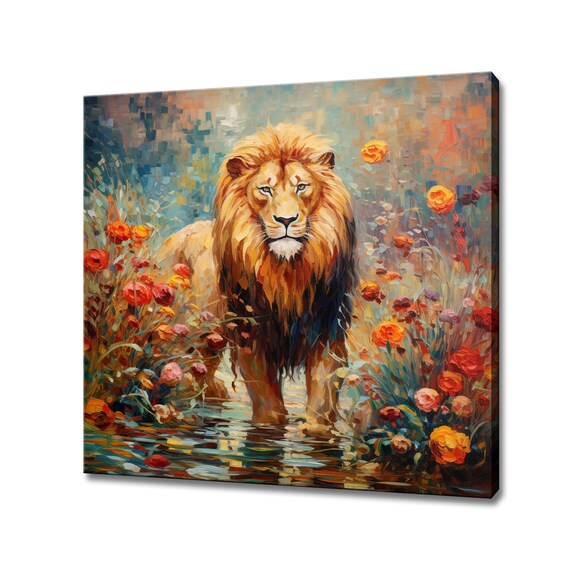 Majestic Lion With Golden Mane Wading Through Wildflowers Poster