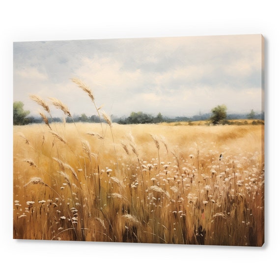 Vintage Country Landscape Wheat Field Muted Moody Painting Style Print Farmhouse Decor Art Neutral Nature Picture Wall Hanging