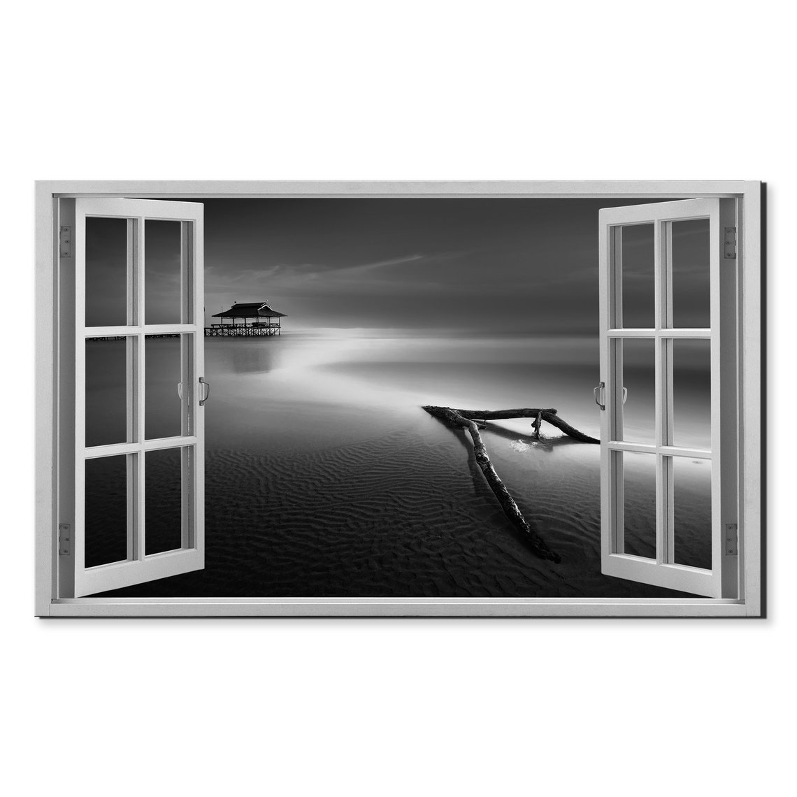 Black and White Ocean Pier Driftwood Beach Minimalist Window Wall Art