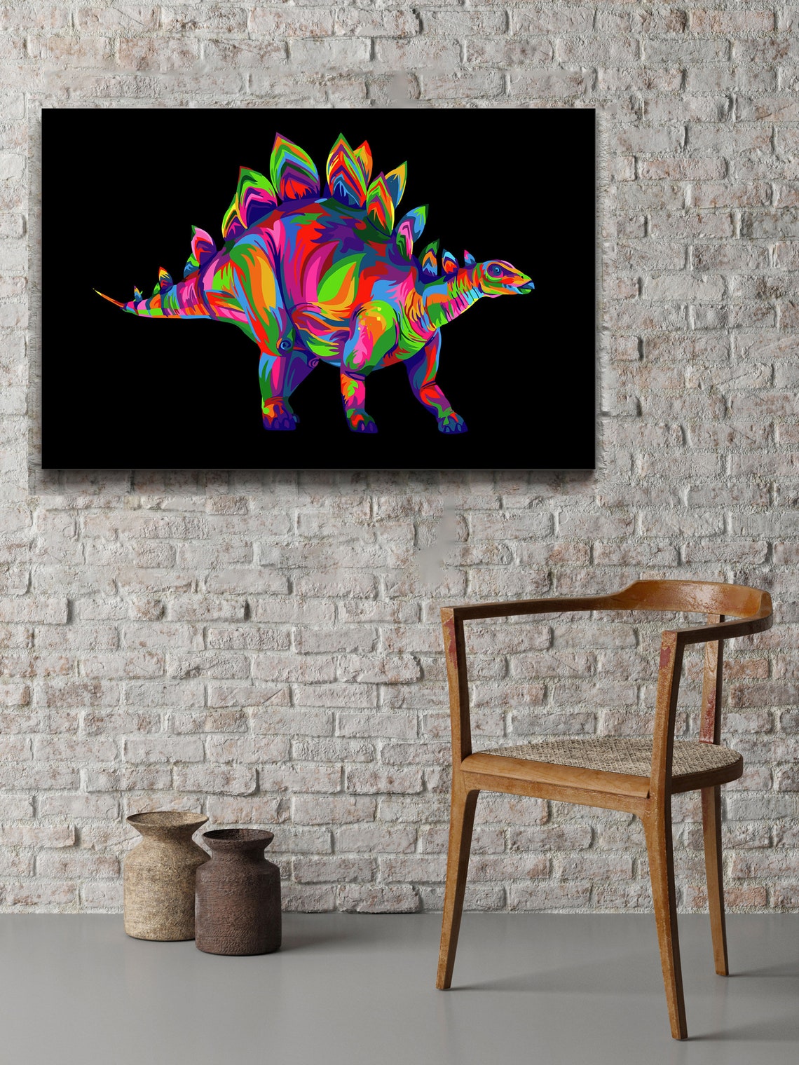 Rainbow Stegosaurus Dinosaur Pop Art Black Background Kids Poster - Image 2