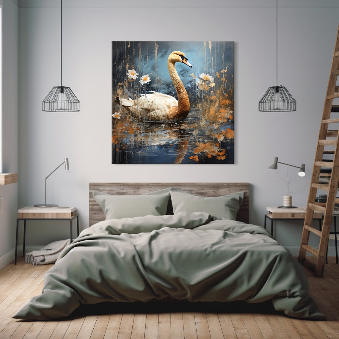 Swan Gliding On Moody Grey Waters With Daisies Artistic Lake Poster - Image 2