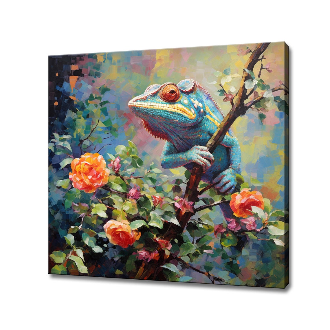 Blue Chameleon Orange Roses Tree Branch Colourful Reptile Wall Art
