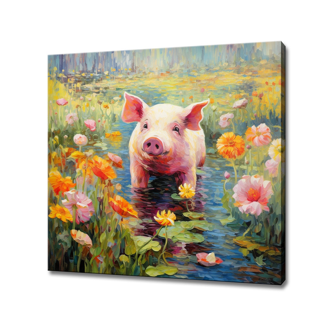 Cute Piglet In The Pond Print Gift For Piglet Lover Colourful Piglet Portrait Painting Print Piglet Pet Wall Art