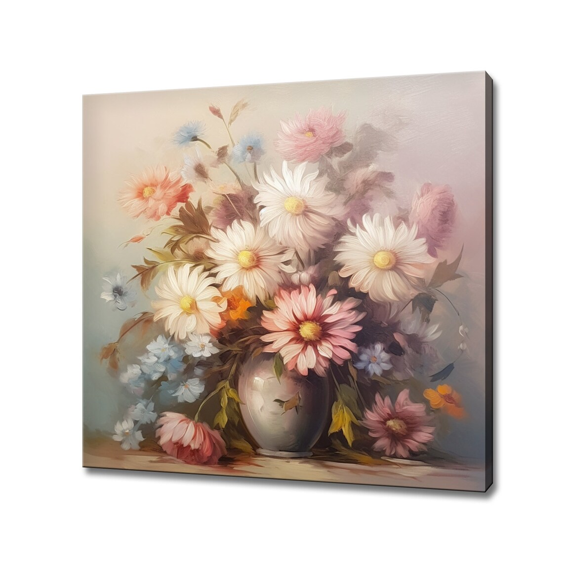 Vintage Pastel Bouquet Of Daisies In Vase Soft Floral Art Print