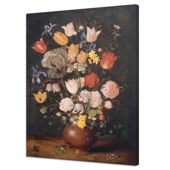 Bouquet Of Flowers In Earthenware Vase 1610 Antique Victorian Floral Fine Art Vintage Oil Painting Print Dark Moody Floral Art