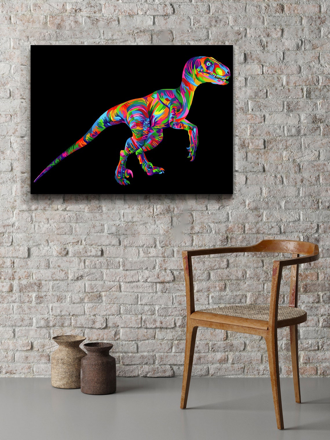 Rainbow Pop Art Dinosaur Colorful Neon Black Background Animal Poster - Image 2