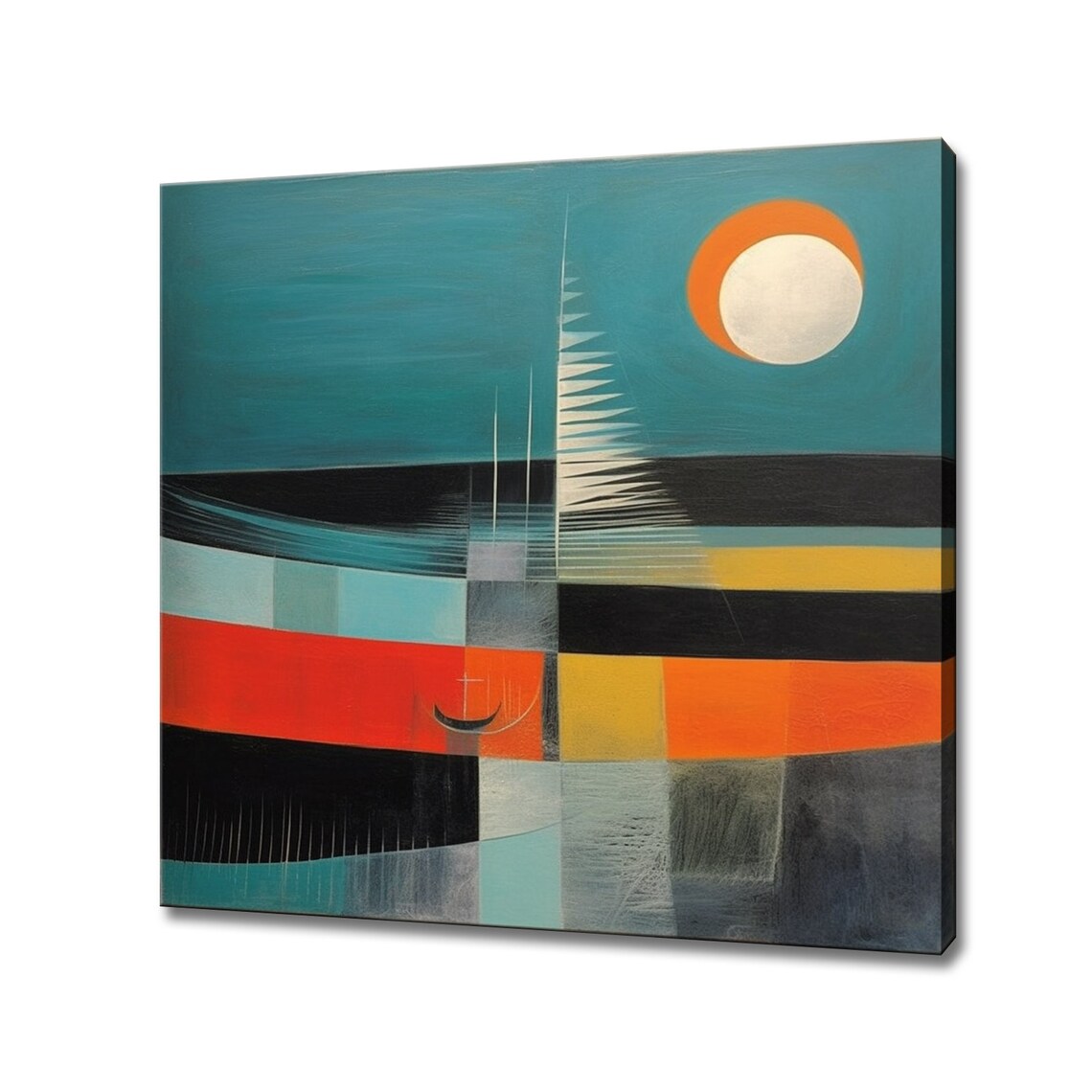 Abstract Sailboat Moon Seascape Teal Orange Geometric Modern Wall Art