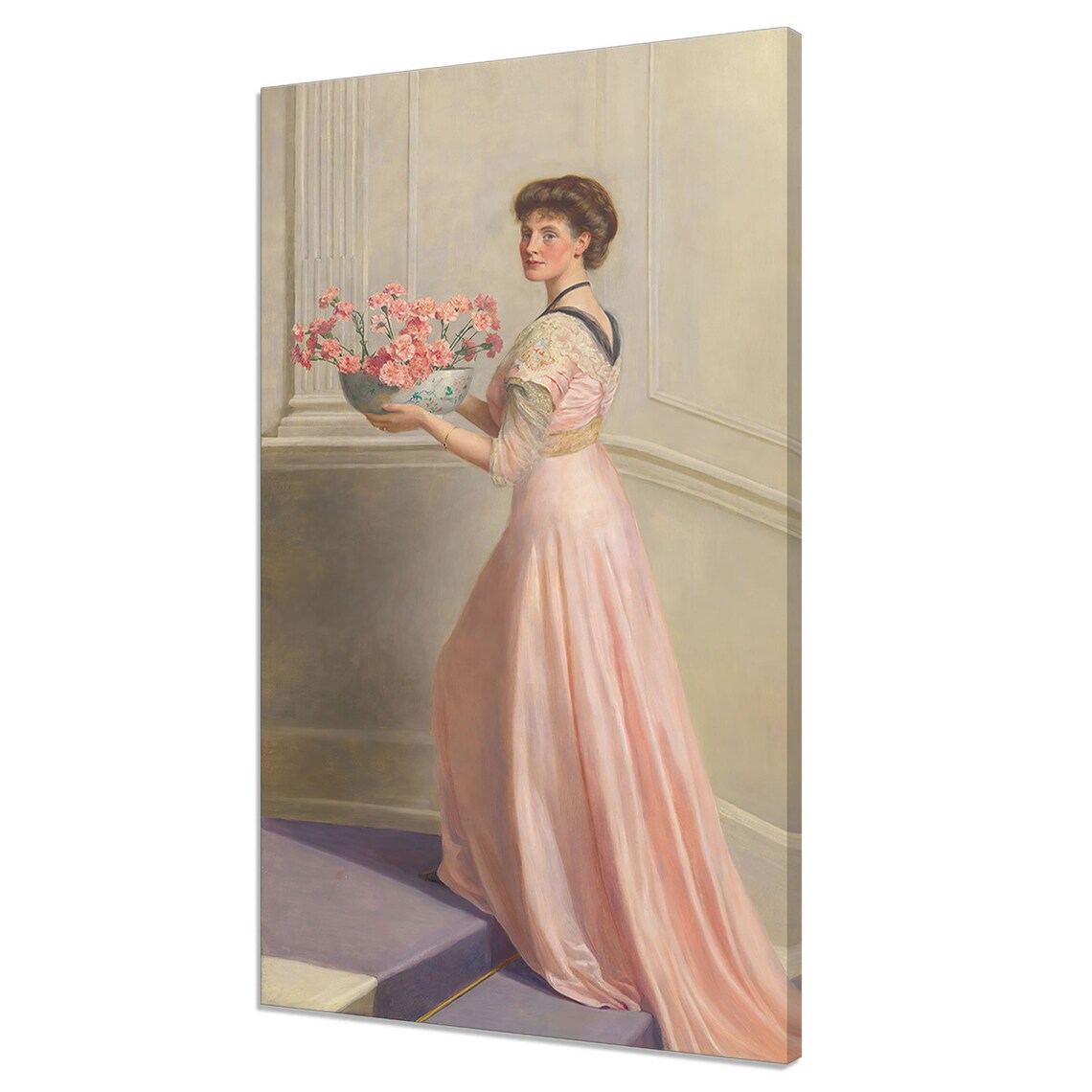 Victorian Lady In Pink Gown Holding Bowl Of Pink Carnations Art Poster