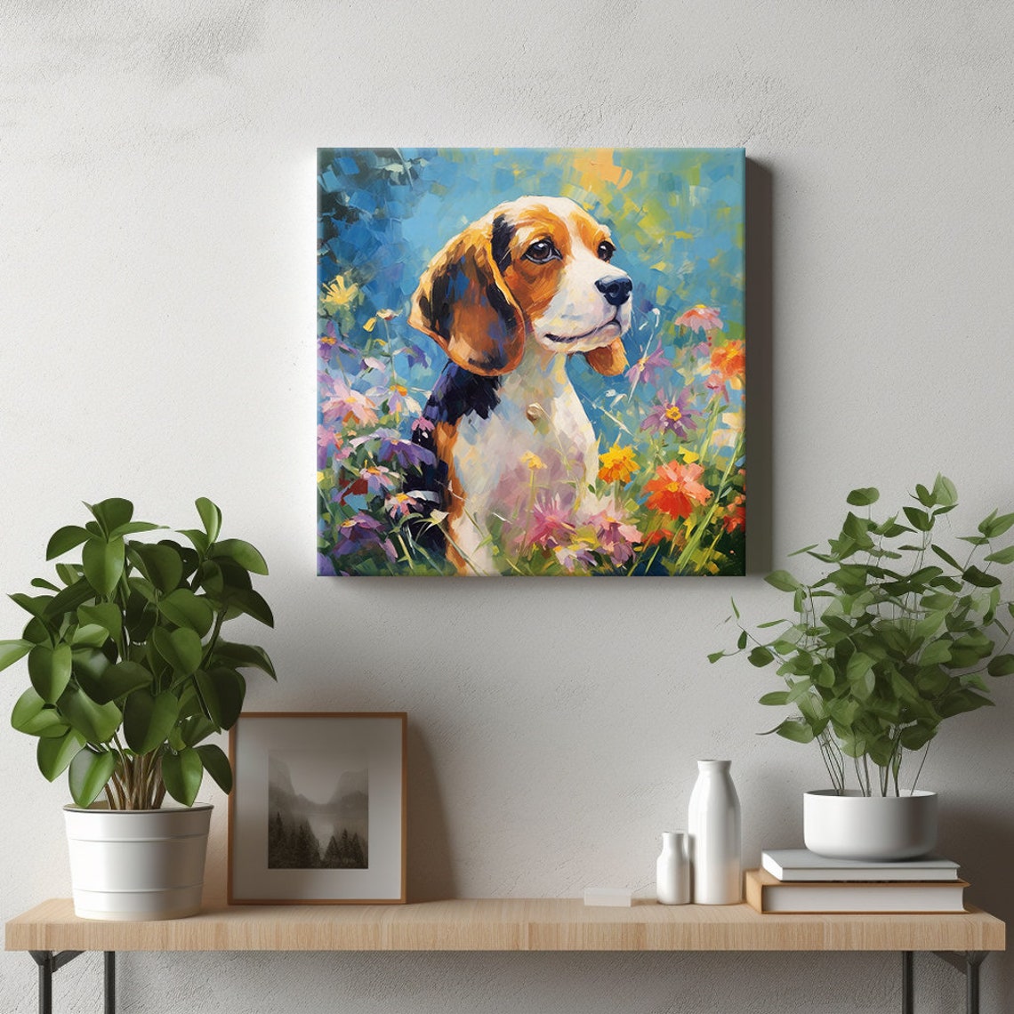 Beagle Puppy Portrait In Wildflower Field Colourful Painterly Poster - Image 2