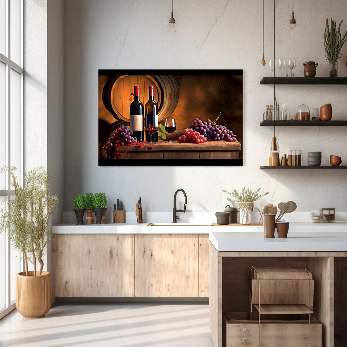 Two Red Wine Bottles Glasses Grapes Barrel Dark Cellar Art Print - Image 2