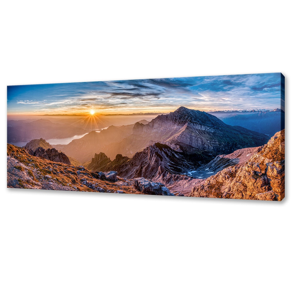 Alpine Mountain Peaks Above Lake Valley Golden Sunrise Panorama Poster