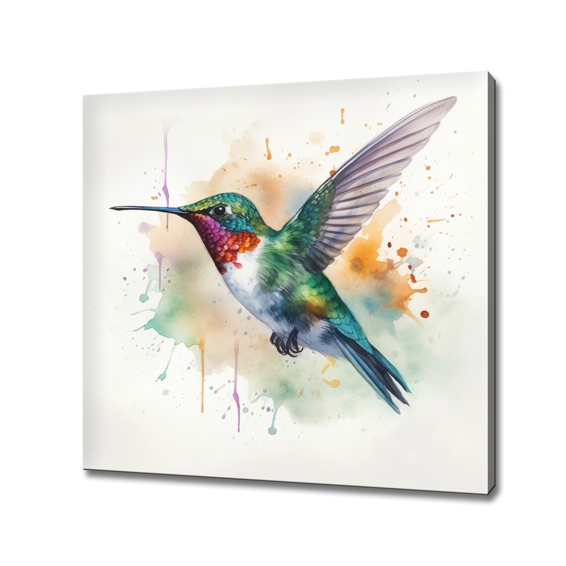 Flying Jewel Toned Hummingbird Watercolor Painting Wall Art Print