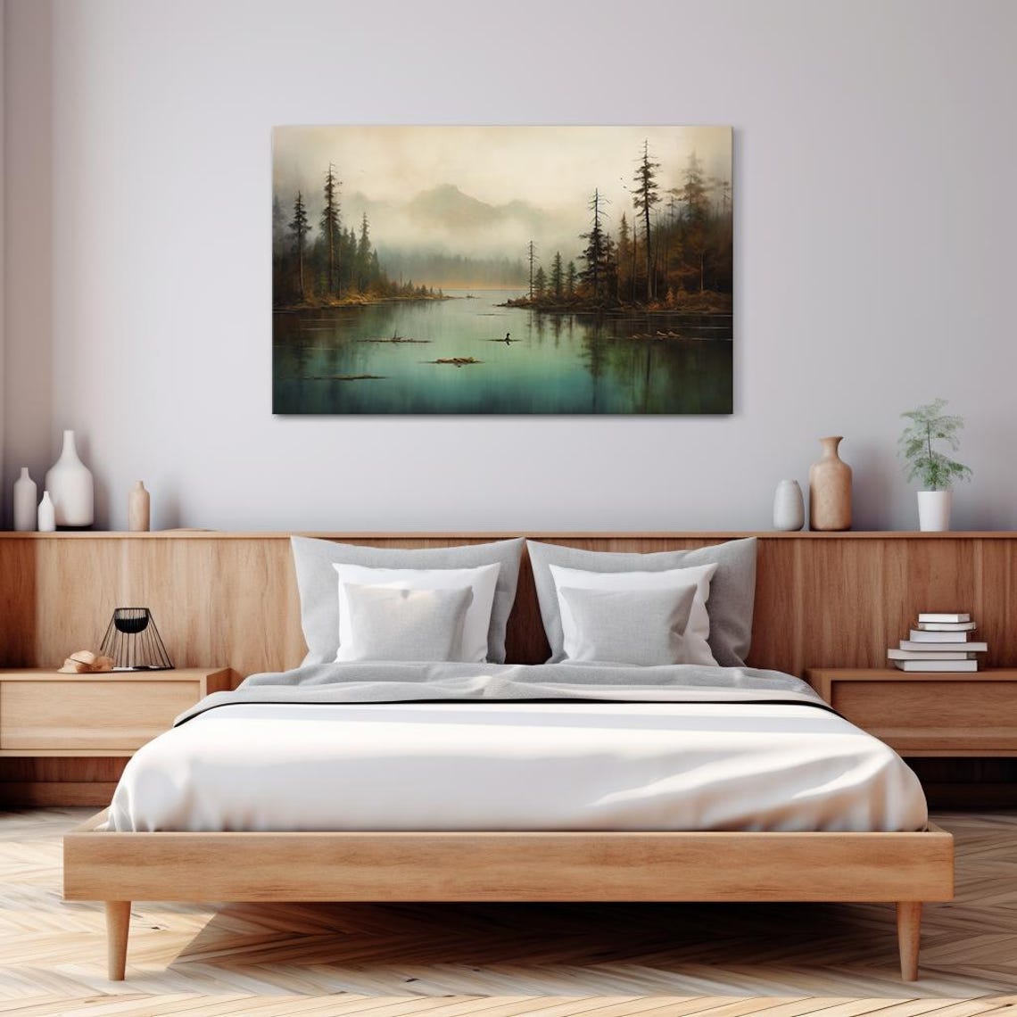 Foggy Mountain Lake Misty Pines Calm Water Reflection Nature Poster - Image 3