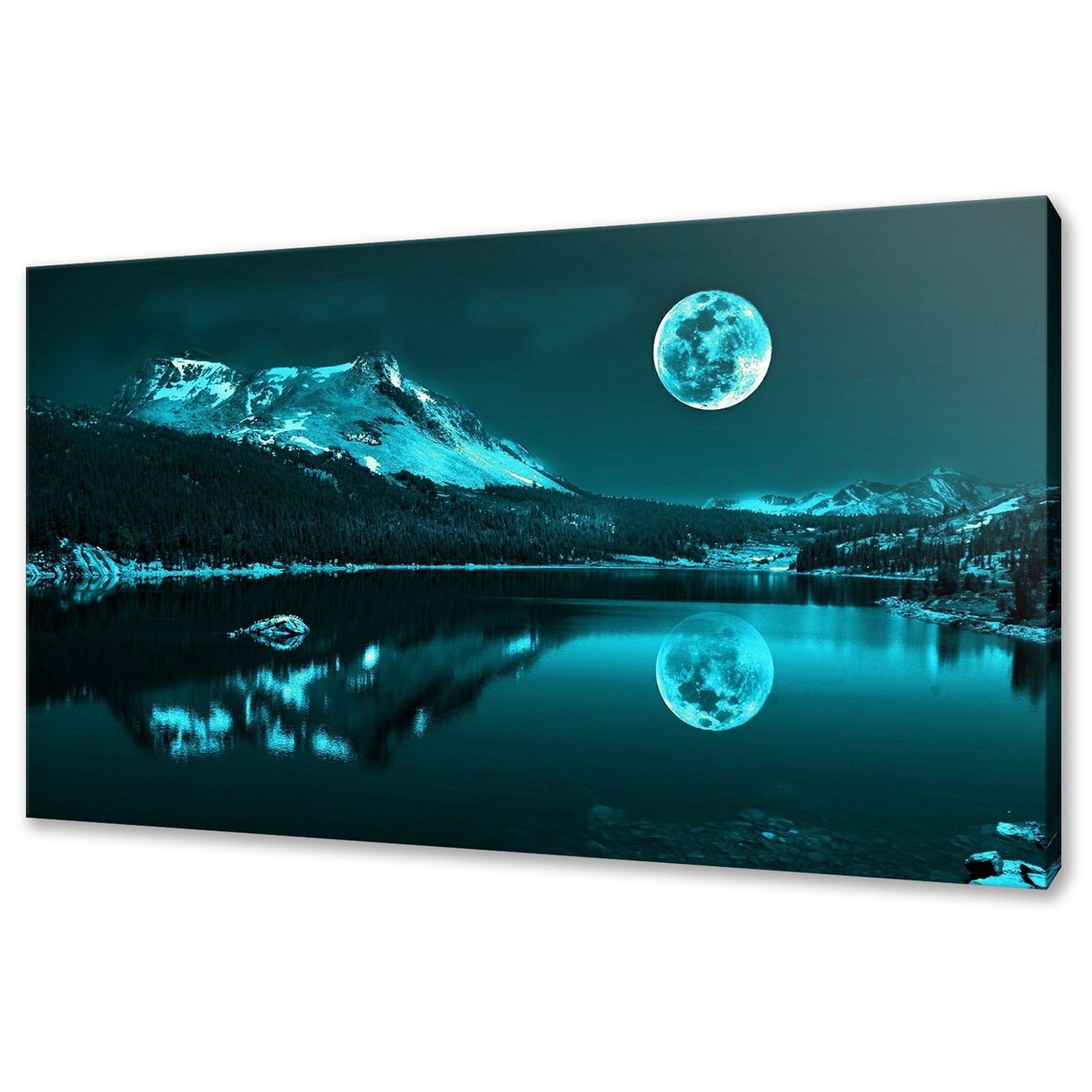 Full Moon Rising Above Calm Teal Blue Lake Print