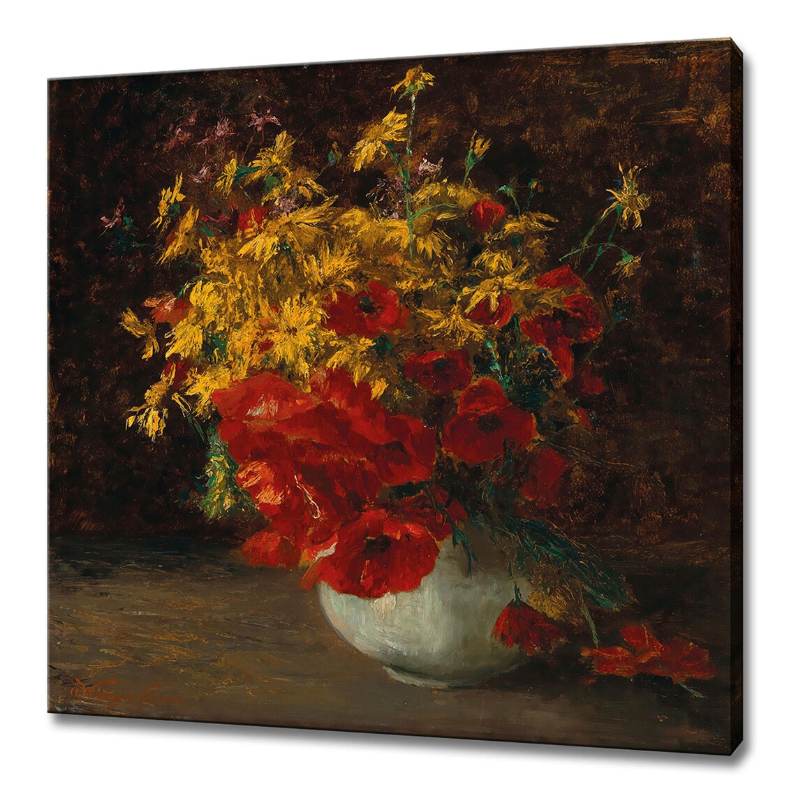 Red Poppies and Yellow Daisies in White Vase Vintage Floral Print