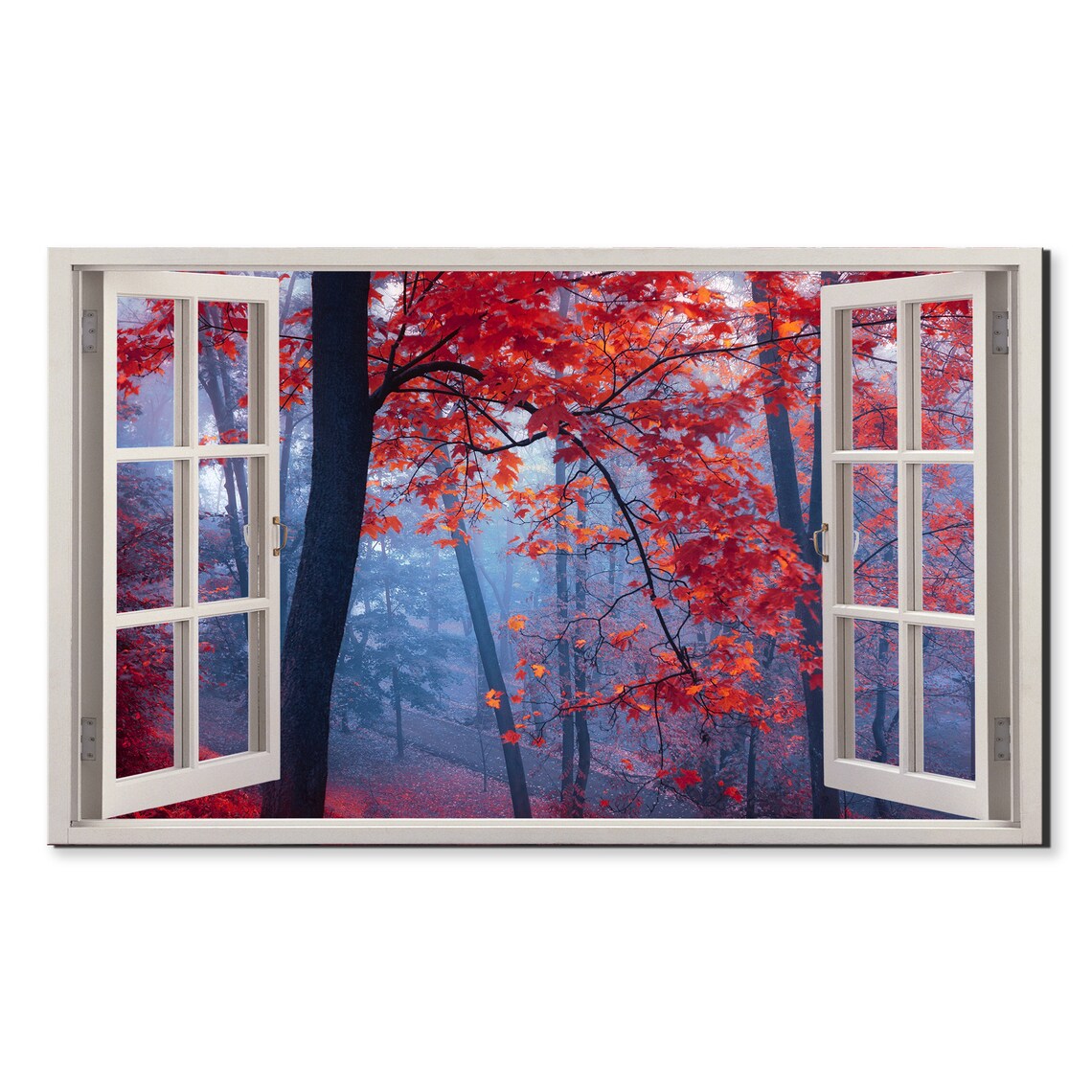 Red Trees In The Blue Foggy Forest Window View Window Frame Style Modern Design Home Decor Print Wall Art Picture Ready To Hang